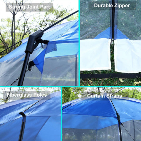 13 By 9 Ft Screen Tent For Backyard Or Beach Hangouts showing joint part, fiberglass poles, durable zipper, curtain straps.