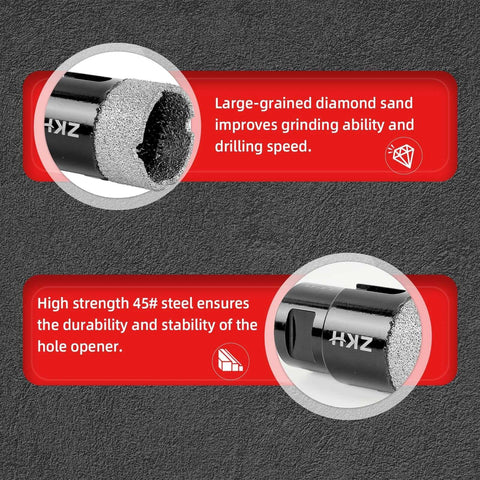 Diamond core drill bit, 3/4 inch, vacuum-brazed hole saw; two-angle views show ZKH marking.