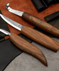 Solid Spoon Carving Kit With Dang Sharp Hook And Chip Knives Delivering Knockout Sloyd Whittling Experience with walnut handles.