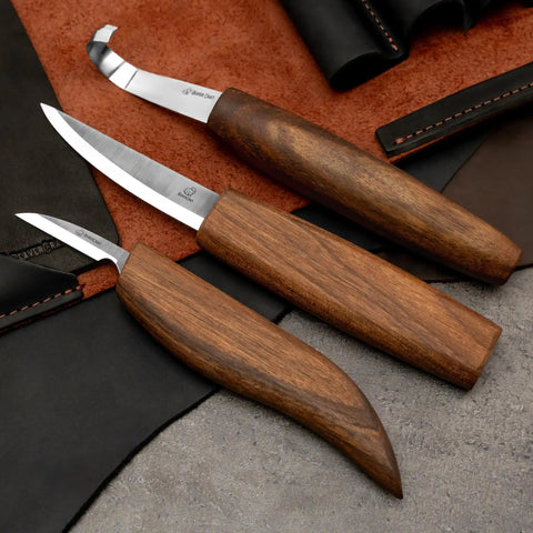 Solid Spoon Carving Kit With Dang Sharp Hook And Chip Knives Delivering Knockout Sloyd Whittling Experience with walnut handles.