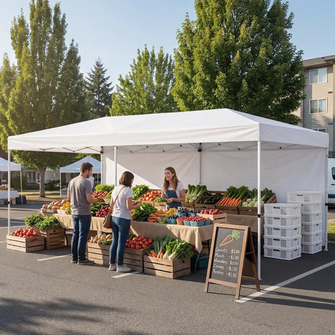 10x20 Pop Up Canopy Tent With 6 Removable Sidewalls, One Push Setup Party Gazebo For Outdoor Weddings, Parties And Events, Waterproof UV Protected, 3-Height Adjustable Easy Setup, Carry Bag Included set up at a farmers market with fresh produce displayed underneath. Visible are boxes of assorted vegetables and an outdoor parking lot setting.