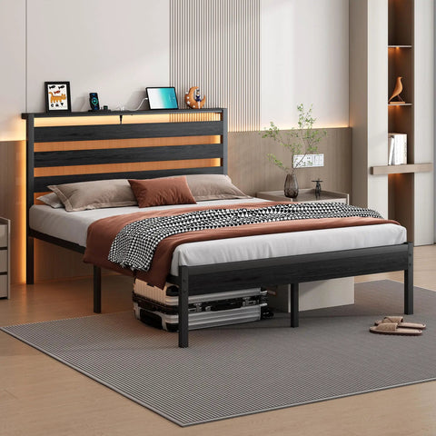 14 Inch Full Size Metal Platform Bed Frame Featuring A Tall Headboard, Rock Solid Steel Slat Support, Built In LED Lighting And Dual USB Ports, Spacious Under Bed Storage, Zero Box Spring Drama, Smooth Noise Free Sleep, And Easy Peasy Setup in modern bedroom setting.