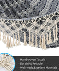Close-up of Two Person Indoor Garden Hammock with Tassels and Deluxe Macrame Fringe, blue and white cotton fabric.