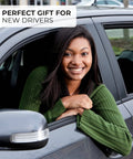 Smiling person leaning out of car window, text reading 'Perfect Gift for New Drivers' visible.