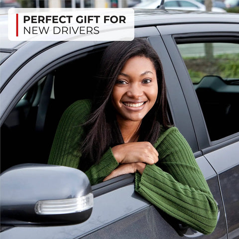 Smiling person leaning out of car window, text reading 'Perfect Gift for New Drivers' visible.