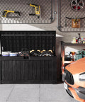 120 Gallon Outdoor Storage Box With Lid, Lockable, Waterproof And UV Resistant, Resin Deck Box With Wood Grain Look, Black