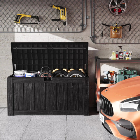 120 Gallon Outdoor Storage Box With Lid, Lockable, Waterproof And UV Resistant, Resin Deck Box With Wood Grain Look, Black