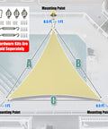 Diagram of beige triangle shade sail with mounting points, A/B/C sides labeled, 16 ft for outdoor canopy, hardware not included