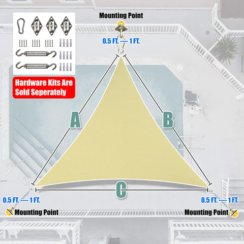 Beige Triangle Sun Shade Sail 14 Ft X 14 Ft X 14 Ft Outdoor Canopy installed over patio with mounting points shown