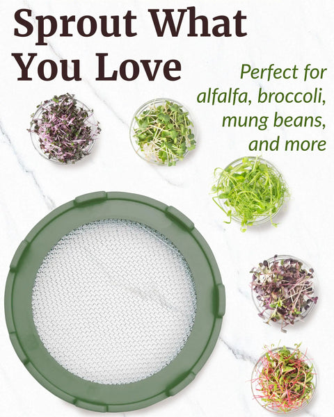 Sprouting Lids For Wide Mouth Mason Jars Set Of 4, Microgreens Starter Kit showing mesh lid and various sprouts on marble
