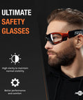 Side view of a man wearing foam padded safety glasses with clear lens, adjustable headband, pro grade impact resistant eyewear.