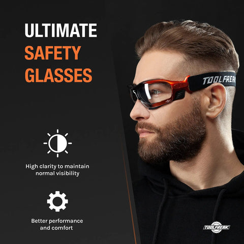 Side view of a man wearing foam padded safety glasses with clear lens, adjustable headband, pro grade impact resistant eyewear.