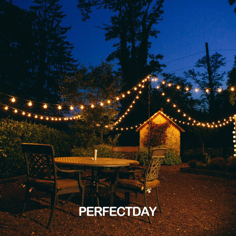 Outdoor Solar String Lights G40 Umbrella Lights, 27 Ft, 25 Shatterproof LEDs, glowing over patio at night, waterproof