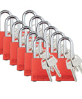 Red Keyed Different Lockout Padlock Set For OSHA Safety Lockout Tagout Kit With Key Retaining Brass Cylinders And Durable Aluminum Bodies With Strong Steel Shackles And Two Keys Per Lock