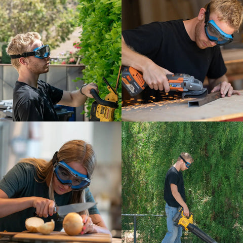 People wearing Blue Tinted Anti Fog Safety Goggles With Adjustable Elastic Headband For Men And Women, performing various tasks