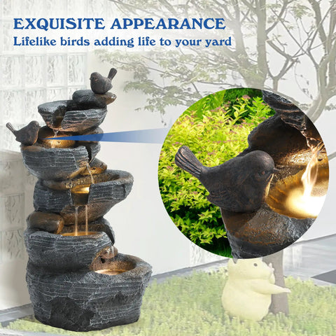 5 Tier Cascading Rock Water Fountain With LED Lights For Outdoor And Indoor Use, Resin Water Feature, garden setting