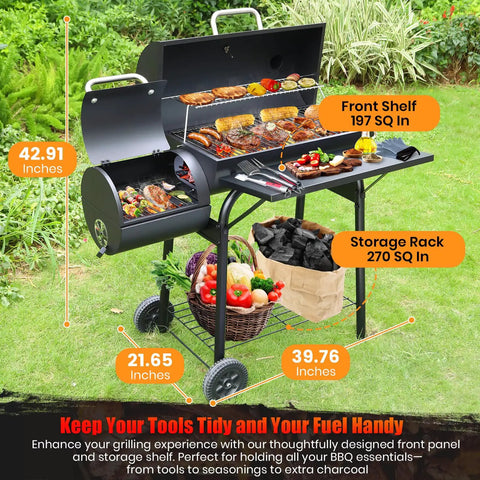 Charcoal Grill Offset Smoker With Built In Thermometer And Adjustable Air Vents For Grillin Precision Spacious Dual Level Cooking Area For Outdoor Patio Backyard Barbecues Camping And Parties Durable Steel Construction showing grilling and storage areas in a garden setting