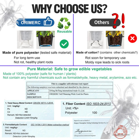 Product comparison highlighting Orimerc pure polyester benefits over cotton for Fifty Feet One Quarter Inch Self Watering Capillary Wick Rope For Plants DIY Vacation Watering System Plant Sitter Wicking Line For Potted Flowers Seedlings Hydroponic Gardens Automatic Waterer For Planters.