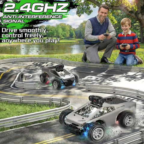 Father and son playing with All Terrain RC Car With 720P HD FPV Camera And LED Lights For Real Time Live Video in a park setting