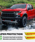 Red Front Tow Hook Covers For Chevy Silverado 1500 And GMC Sierra 1500 Street Ready Tow Hook Cap Set Durable Replacement Front Mount Not For Vertical Easy Install Satin Finish Fits 2007 Through 2026 Models on a red truck