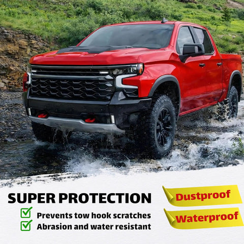 Red Front Tow Hook Covers For Chevy Silverado 1500 And GMC Sierra 1500 Street Ready Tow Hook Cap Set Durable Replacement Front Mount Not For Vertical Easy Install Satin Finish Fits 2007 Through 2026 Models on a red truck