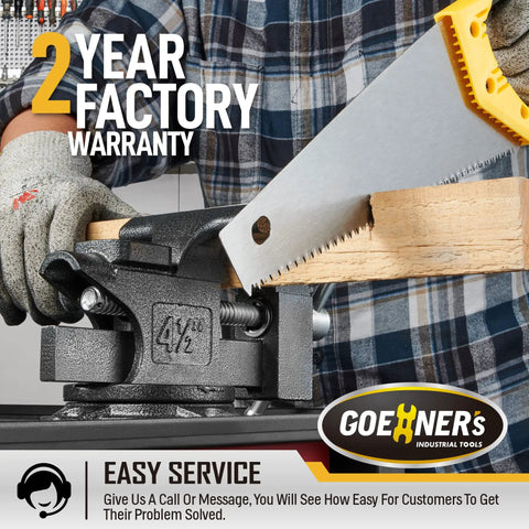 Person using four and a half inch bench vise with heavy duty forged steel construction built in pipe jaw and swivel base