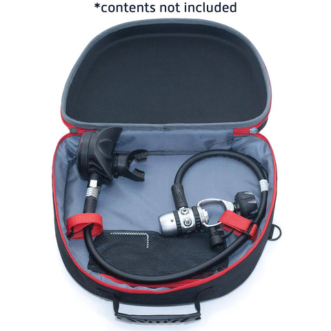 Open scuba regulator gear bag with hybrid ultra-protection pro-grade molded EVA foam hard shell lid showing interior padding.