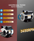 Two black JIAXINPRO 2HP air compressor motors, 3450 RPM, 115/230V dual voltage, CW/CCW, 75dB low-noise