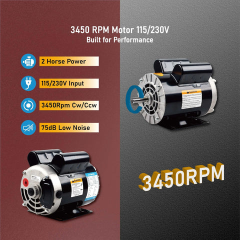 Two black JIAXINPRO 2HP air compressor motors, 3450 RPM, 115/230V dual voltage, CW/CCW, 75dB low-noise