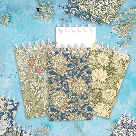Mini Pocket Spiral Notebooks Bundle - 24 Count, 2.36 x 3.94 Inches, 8 Vintage William Morris Floral Covers displayed on a blue background