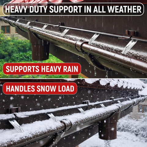 5 Inch Aluminum Gutter Hangers With Screws Easy Install K Style Hidden Gutter Hangers For Sagging Gutters Heavy Duty No Hassle Weatherproof Support Brackets 10 Pack installed with snow and rain load demonstrated.