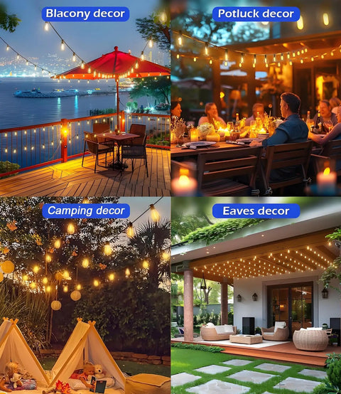 200 Ft LED Outdoor String Lights With Remote 74 Plus 2 Shatterproof Bulbs Dimmable Timer And 3 Modes for balcony, potluck, camping, eaves