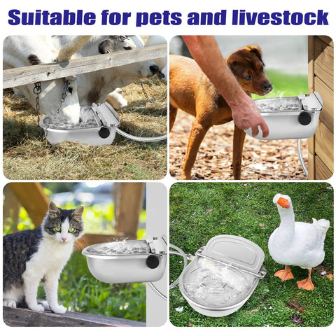 No Fuss Automatic Livestock Water Dispenser With Heavy Duty Stainless Steel Horse Water Bowl in use for goats, dogs, cats, and geese.