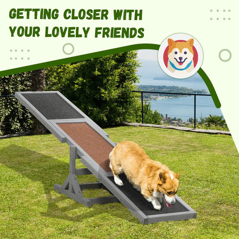 Dog using Wooden Dog Agility Seesaw For Training And Exercise, Outdoor Ready Platform Run Toy With High Traction, 71 in L, gray