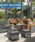4 people enjoy drinks at a 6 Piece Outdoor Patio Furniture Set With Sectional Sofa, Dining Table And Chairs, Gray, in a forest setting.