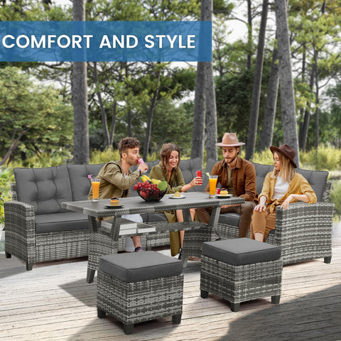 4 people enjoy drinks at a 6 Piece Outdoor Patio Furniture Set With Sectional Sofa, Dining Table And Chairs, Gray, in a forest setting.