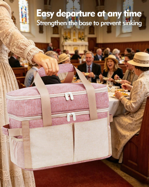 Person holding Heavy Duty Insulated Slow Cooker Carrying Bag 6 To 8 Quart Oval with top zip compartment in a church setting.