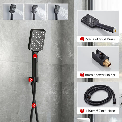 Matte Black Rain Shower Head And 8 Inch Square Shower System With 3 Setting Handheld Spray Wall Mounted Faucet Set