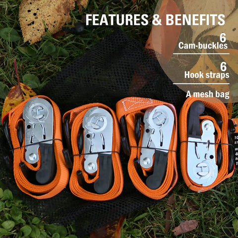 Heavy Duty Ratchet Tie Down Straps With Hooks 1 Inch Wide 10 Feet Long Pack Of 6 on grass with cam buckles and mesh bag