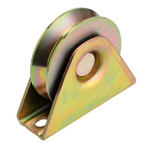 3-inch sliding gate wheel with V-groove on zinc-plated bracket (front view)