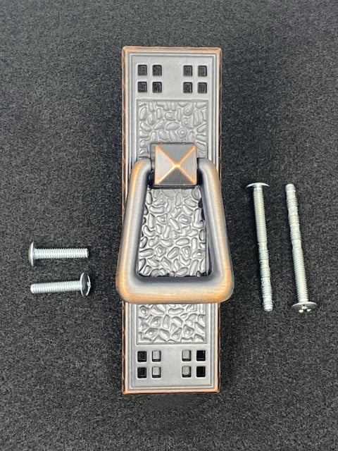 Vertical Mission Pull in Oil Rubbed Bronze for cabinets and drawers with mounting screws, elegant hardware for kitchen and furniture.