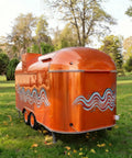 Turnkey Commercial Hot Dog Cart And Mobile Food Truck Trailer For Quick Bites Or Soft Serve With Pro Coffee Bar Setup and rock solid wheels in vibrant orange.