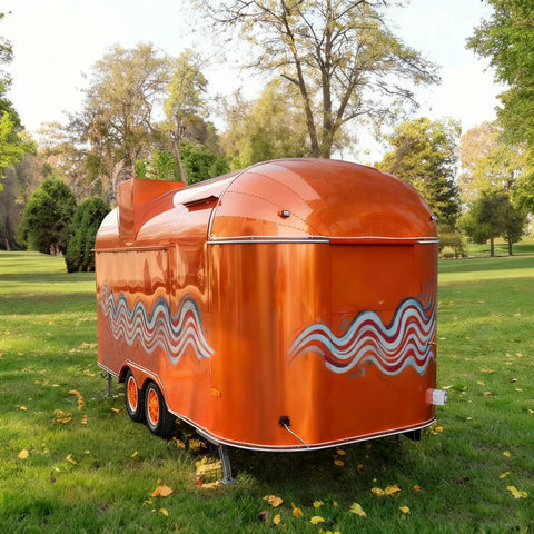 Turnkey Commercial Hot Dog Cart And Mobile Food Truck Trailer For Quick Bites Or Soft Serve With Pro Coffee Bar Setup and rock solid wheels in vibrant orange.
