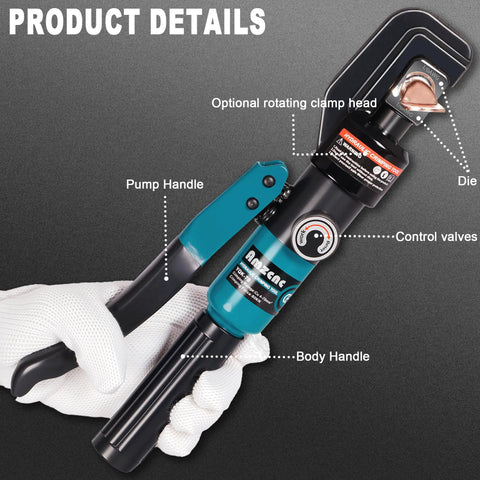 Hydraulic Battery Cable Crimper for 12AWG to 4/0AWG Range with 11 US Hex Dies Lugs Kit, Heavy Duty Crimp Tool for High Current Power Cables and Automotive Battery Leads, black and blue body with pump handle