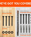 Front view: Lag bolt TV mount kit for wood or concrete; includes wood and concrete drill bits, bolts, Fischer anchors.