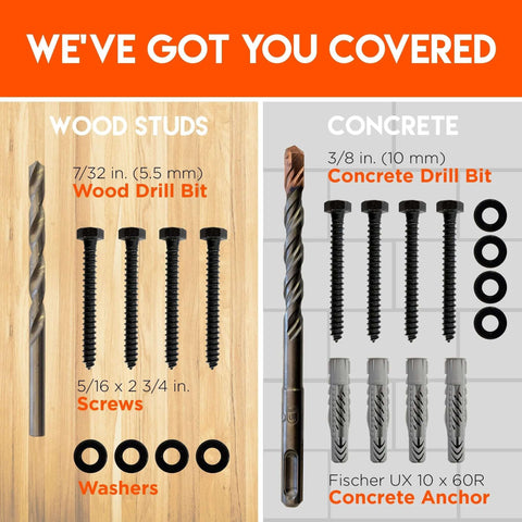 Front view: Lag bolt TV mount kit for wood or concrete; includes wood and concrete drill bits, bolts, Fischer anchors.