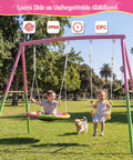 Heavy Duty Backyard Swing Set With Stand For Indoor Outdoor Fun 440 Lb Capacity Metal Frame Includes 32 Inch Saucer Swing And 26.2 Inch Belt Seat Double Swing Fun For Kids And Adults Pink Playset with two children playing