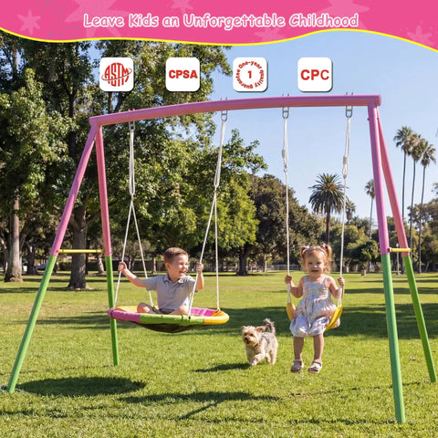 Heavy Duty Backyard Swing Set With Stand For Indoor Outdoor Fun 440 Lb Capacity Metal Frame Includes 32 Inch Saucer Swing And 26.2 Inch Belt Seat Double Swing Fun For Kids And Adults Pink Playset with two children playing