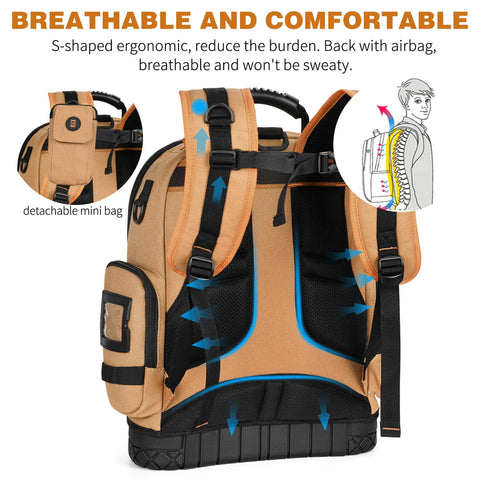 Breathable and comfortable Heavy Duty Tool Backpack With Combo Lock And Dual Canvas Pouches Built Like A Tank For Electricians And Contractors Kicking It High On The Daily Grind In Brown with ergonomic design.