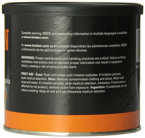 Side view of black and orange tub labeled 'Complete warning, MSDS and application information,' part of 'All In One Disc And Drum Brake Grease With Corrosion Inhibitors And Anti Wear Additives In A Reusable High Impact Tub For Wide Temperature Range And Heavy Duty Performance'.